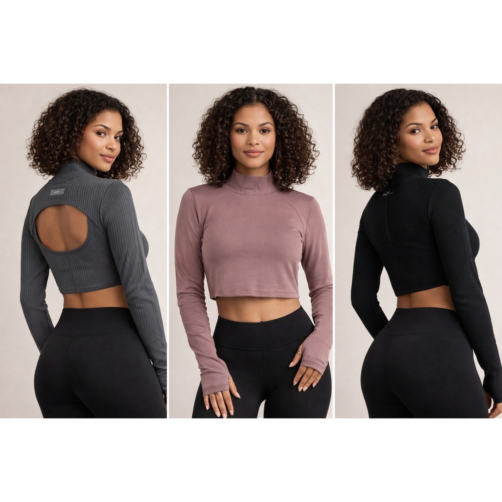 Nova‎ Sport Crop Top Bundle Women M Mock Neck Ribbed Athleisure Lot 3